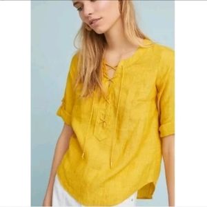 ANTHROPOLOGIE MAEVE MARVA LINEN LACE UP BLOUSE TOP SHIRT TUNIC GOLD YELLOW 14